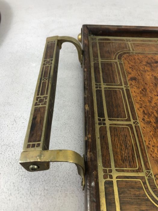 Two tea trays, one Edwardian Oval with inlay and the other a square twin handled tray with brass - Image 13 of 13