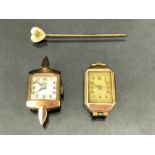 Two (as found) 9ct Gold cased wristwatches and a 9ct Gold pin with a heart (total weight without