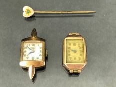 Two (as found) 9ct Gold cased wristwatches and a 9ct Gold pin with a heart (total weight without