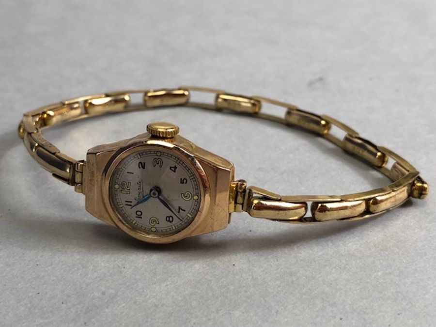 9ct Gold watch case and strap, wristwatch by "Everite" winds and runs (without movement 7.8g) - Image 6 of 6