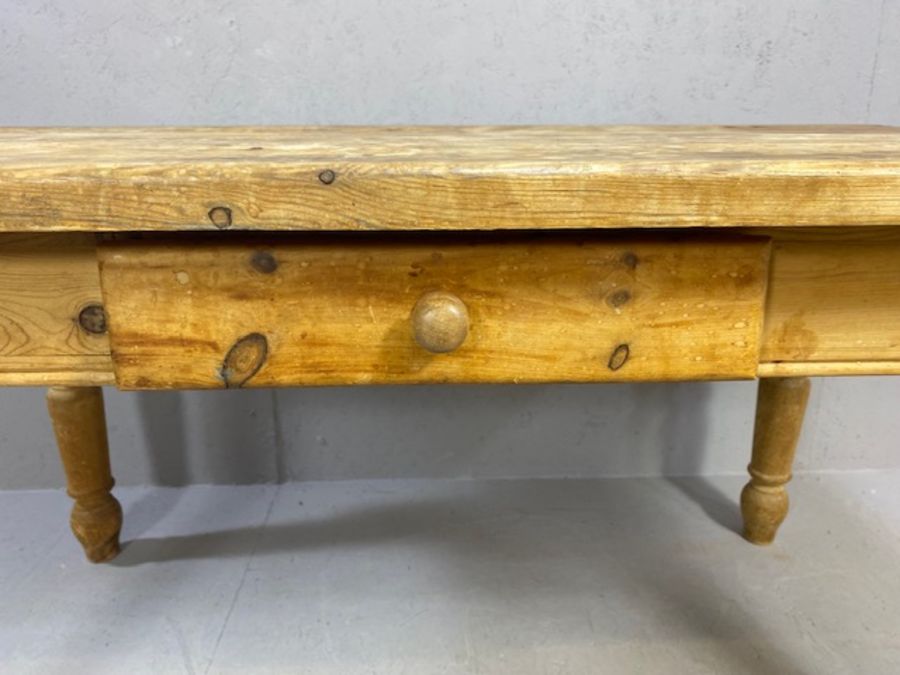 Antique pine kitchen table on turned legs with single drawer, approx 153cm x 90cm x 78cm - Image 9 of 10
