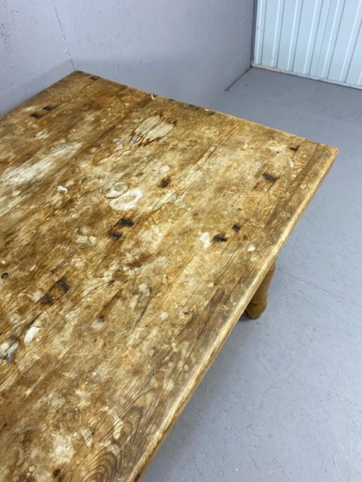 Antique pine kitchen table on turned legs with single drawer, approx 153cm x 90cm x 78cm - Image 7 of 10