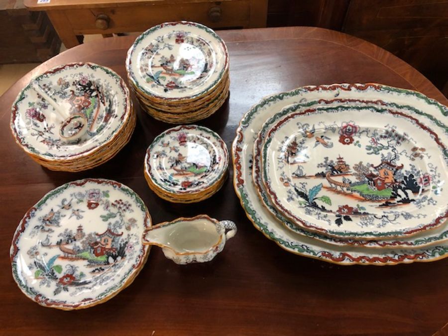 Collection of late Victorian Ashworth Bros Hanley ironstone dinner ware in a Chinoiserie style