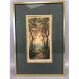 Coloured engraving of a wooded scene, approx 24cm x 12cm, signed and titled in pencil by 'DAVRIL'