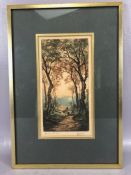 Coloured engraving of a wooded scene, approx 24cm x 12cm, signed and titled in pencil by 'DAVRIL'