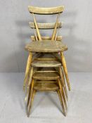 Set of four early Ercol tapered, stick back stacking chairs
