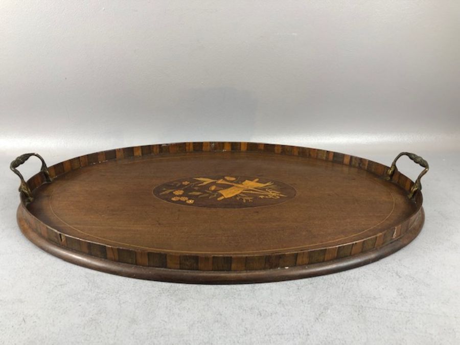 Two tea trays, one Edwardian Oval with inlay and the other a square twin handled tray with brass - Image 4 of 13