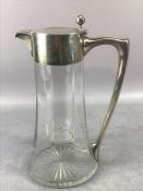 Large glass Jug with silver coloured lid and handle and internal silver topped glass (cracked)