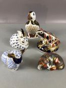 Collection of five Royal Crown Derby paperweights to include puffin, lamb, rabbit, frog and '