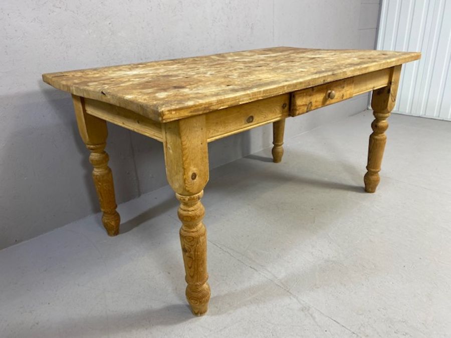 Antique pine kitchen table on turned legs with single drawer, approx 153cm x 90cm x 78cm - Image 2 of 10