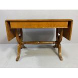 Drop leaf light wood sofa table with turned stretcher and beaded detailing unextended, approx 88cm x