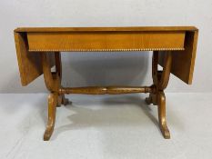 Drop leaf light wood sofa table with turned stretcher and beaded detailing unextended, approx 88cm x