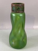 Art Nouveau Green glass vase of wavey form with metal (A/F) collar in the style of Loetz approx 25cm