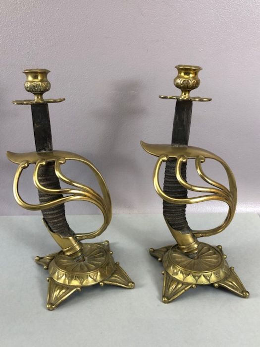 Pair of candlesticks fashioned from cavalry sword handles, decorated brass cast bases and - Image 10 of 15