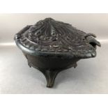 19th Century French enamelled cast iron coal scuttle with hinged lid and scrolled feet, approx