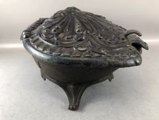 19th Century French enamelled cast iron coal scuttle with hinged lid and scrolled feet, approx