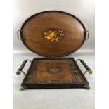 Two tea trays, one Edwardian Oval with inlay and the other a square twin handled tray with brass