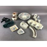 Collection of mostly Poole Pottery to include, two jugs, two condiment sets, wide-rimmed bowl, pin