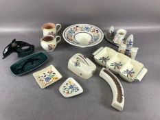 Collection of mostly Poole Pottery to include, two jugs, two condiment sets, wide-rimmed bowl, pin