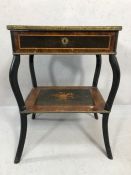 Side table with decorative inlay, shelf under and hinged lid revealing sewing or work box, approx