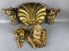 Collection of five gilt-wood decorative pieces to include three Italian sconces, a cherub head and