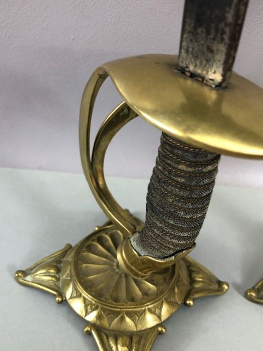 Pair of candlesticks fashioned from cavalry sword handles, decorated brass cast bases and - Image 6 of 15