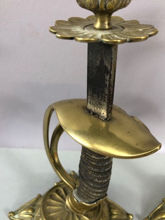 Pair of candlesticks fashioned from cavalry sword handles, decorated brass cast bases and - Image 7 of 15