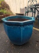 Contemporary blue glazed octagonal garden planter, approx 49cm x 40cm