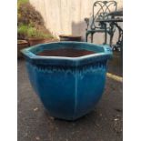 Contemporary blue glazed octagonal garden planter, approx 49cm x 40cm