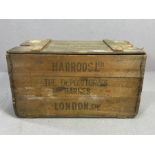 Wooden crate with marks "Harrods Ltd The Depositories Barnes London", approx 89cm x 47cm x 52cm A/F