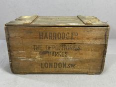 Wooden crate with marks "Harrods Ltd The Depositories Barnes London", approx 89cm x 47cm x 52cm A/F