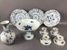 Collection of Royal Copenhagen porcelain to include four candleholders of octagonal form, pedestal