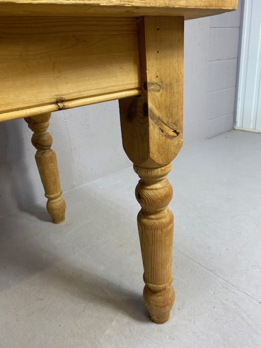 Antique pine kitchen table on turned legs with single drawer, approx 153cm x 90cm x 78cm - Image 8 of 10