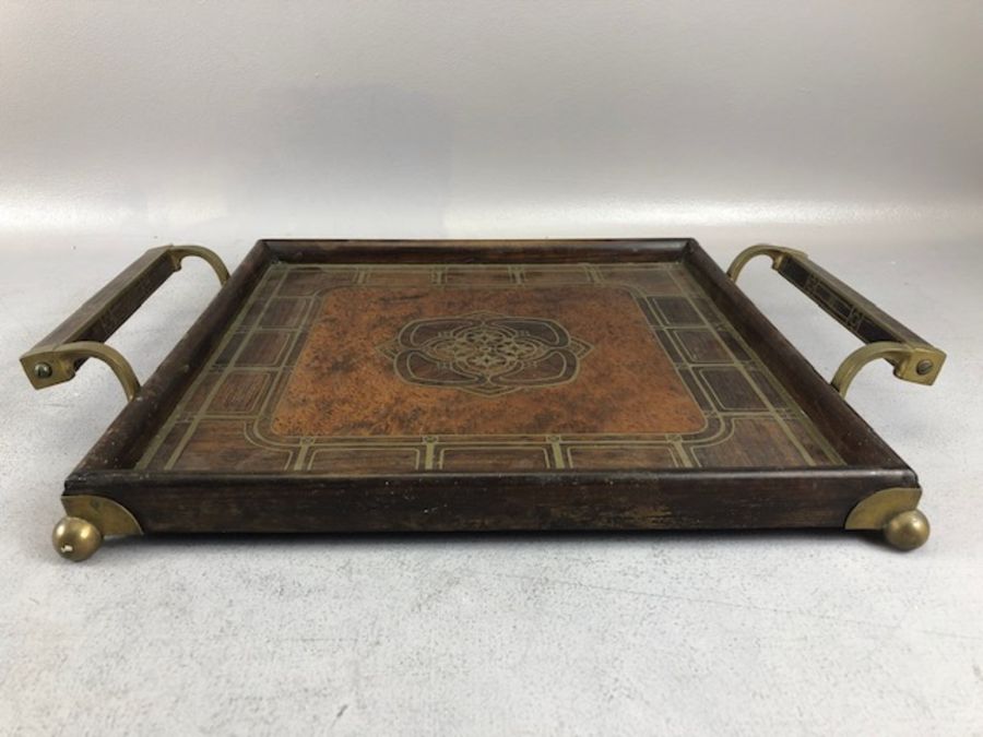 Two tea trays, one Edwardian Oval with inlay and the other a square twin handled tray with brass - Image 10 of 13