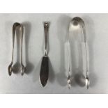 Silver flatware to include Silver hallmarked sugar nips one Georgian *2 and a silver fish fork