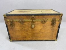 Plywood metal bound travel trunk, approx 90cm x 52cm x 53cm