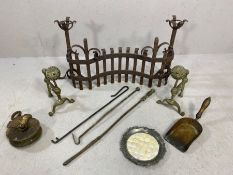 Collection of metalware, mostly fireside items, to include grate, firedogs, pokers, plus a pulley,