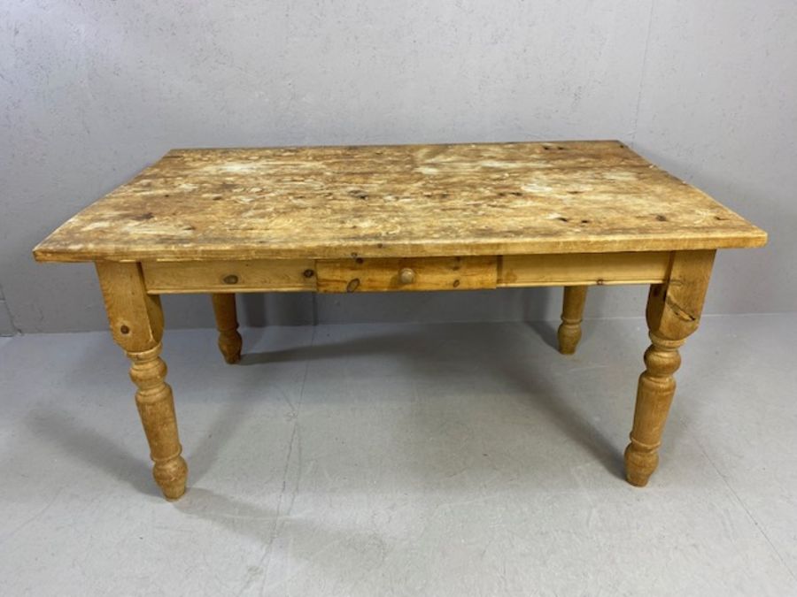 Antique pine kitchen table on turned legs with single drawer, approx 153cm x 90cm x 78cm