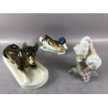 Collection of Porcelain animals to include a dog by Royal Dux, birds by Porceval Villamarchante &