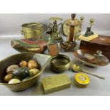 Collection of curios to include marble eggs, brass items, wooden duck, bobbin, picture frame etc
