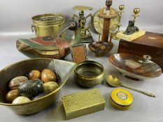 Collection of curios to include marble eggs, brass items, wooden duck, bobbin, picture frame etc