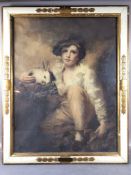 Coloured print, after Henry Raeburn, 'Young Boy with Pet Rabbit', approx 60cm x 46cm, framed