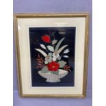 Mixed media: applique / embroidery, picture of a floral display, framed and glazed, approx 44cm x