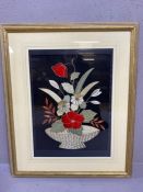 Mixed media: applique / embroidery, picture of a floral display, framed and glazed, approx 44cm x