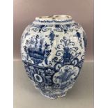 Large Dutch Delft blue and white vase of ribbed octagonal baluster form, single blue line mark to