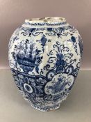 Large Dutch Delft blue and white vase of ribbed octagonal baluster form, single blue line mark to