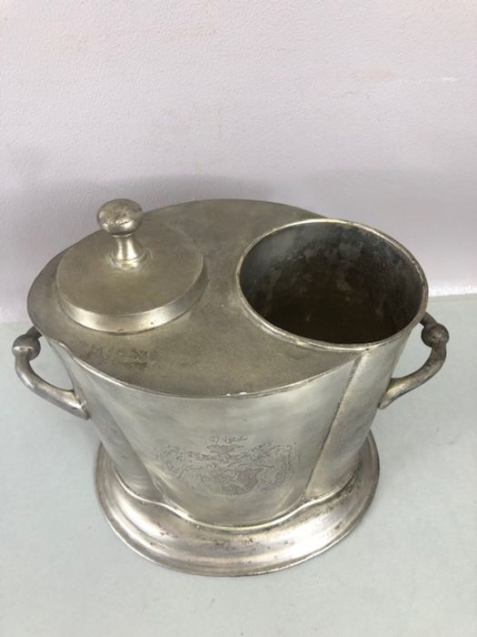 Pewter Georgian Wine cooler with inscribed coat of arms twin handled with stepped base approx 23cm - Image 2 of 10