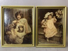 Pair of Victorian reverse-painted pictures of children with animals, each approx 20cm x 25cm