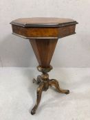 Antique sewing box on tripod legs of trumpet design. The box made from walnut, hinged and opening to