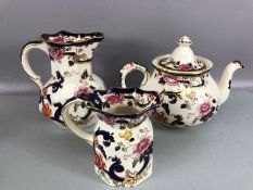 Three pieces of Masons 'Blue Mandalay' china: Teapot, milk/cream jug and water jug approx 17cm in